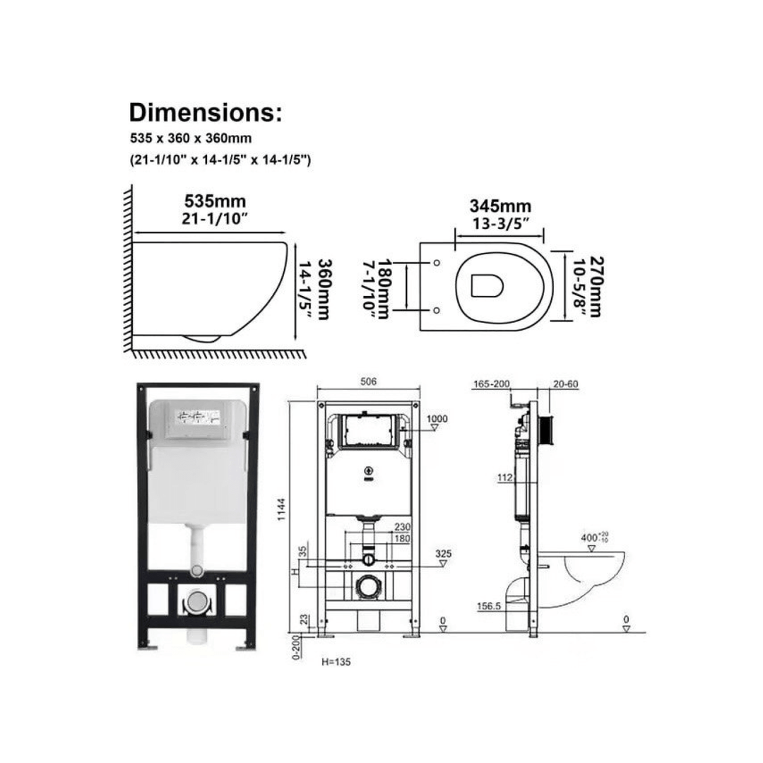 Schéma technique et dimensions précises de la toilette moderne murale pour une installation conforme