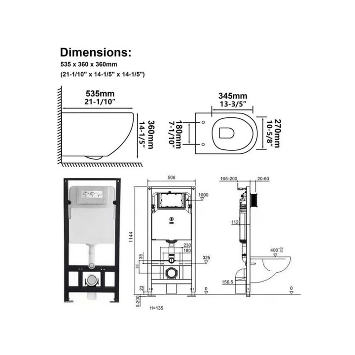 Schéma technique et dimensions précises de la toilette moderne murale pour une installation conforme