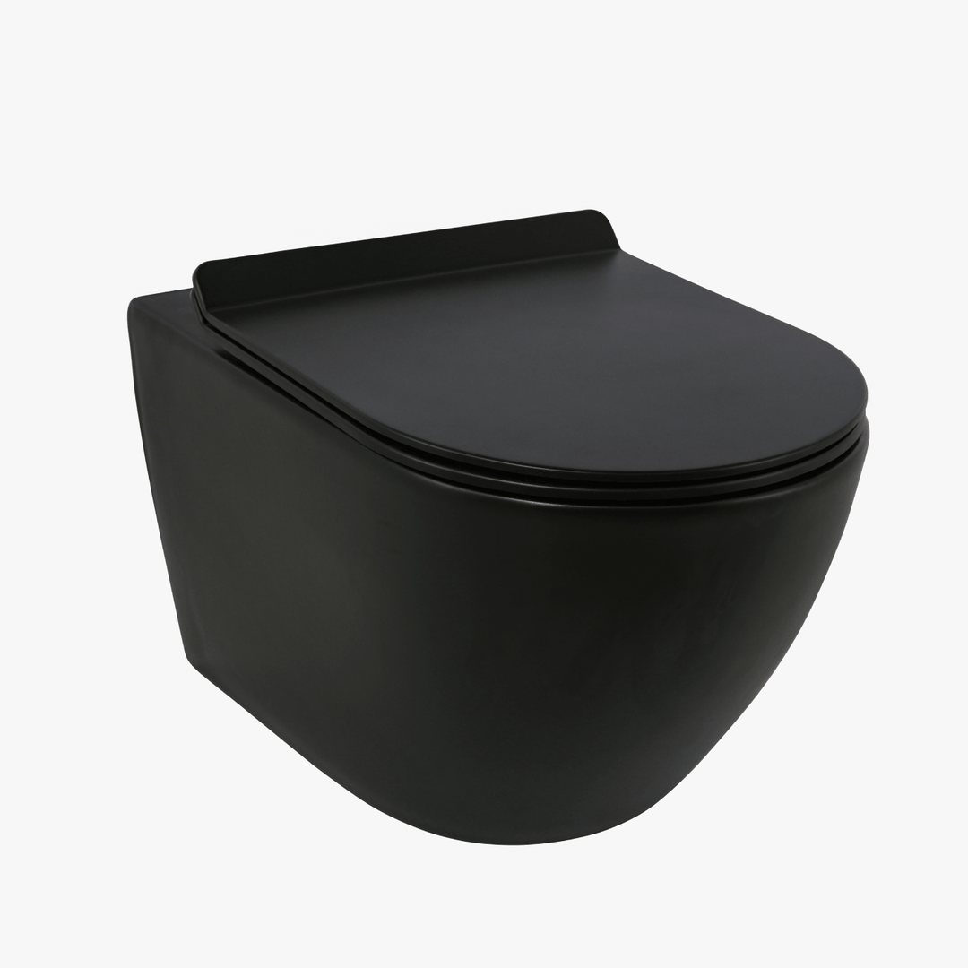 Vue de trois quarts d'une toilette murale noire en special, design épuré et moderne