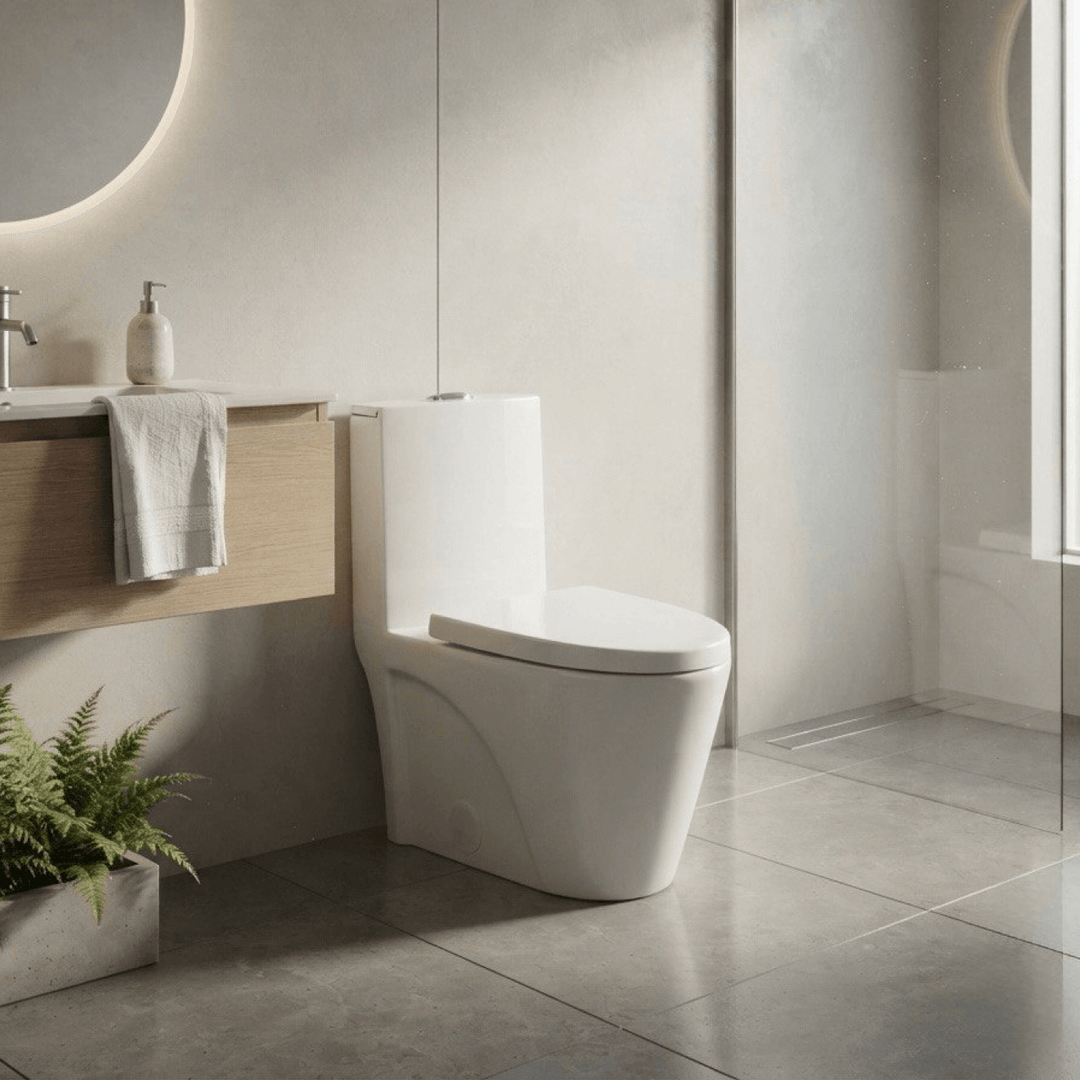 Toilette monobloc allongée L’Éclat Pure installée dans une salle de bain moderne, une superbe toilette en spécial cette semaine
