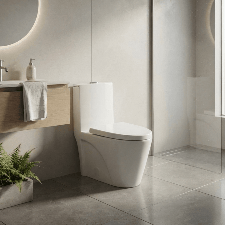 Toilette monobloc allongée L’Éclat Pure installée dans une salle de bain moderne, une superbe toilette en spécial cette semaine