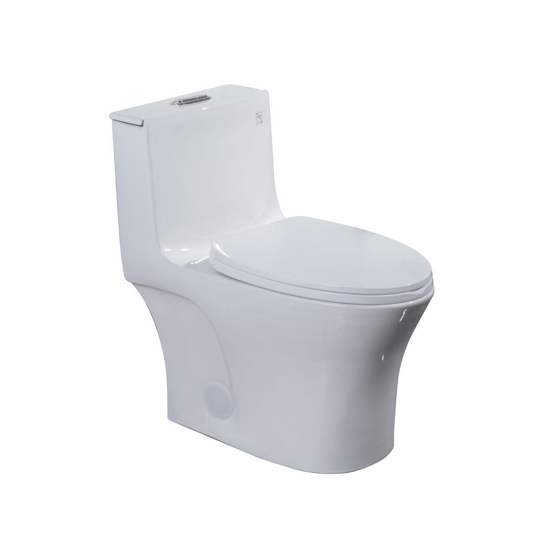 Vue isolée sur fond blanc d'une élégante toilette monobloc en céramique blanche au design ergonomique et contemporain