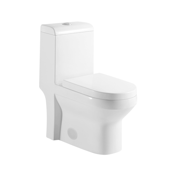 Vue studio d'une toilette monobloc en porcelaine vitrifiée blanche au design épuré, équipée d'un siège à fermeture lente et d'un bouton-poussoir chromé pour une salle de bain contemporaine
