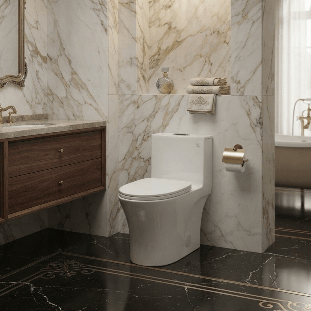 Installation luxueuse d'une toilette monobloc dans une salle de bain raffinée avec des murs en marbre et des accents dorés