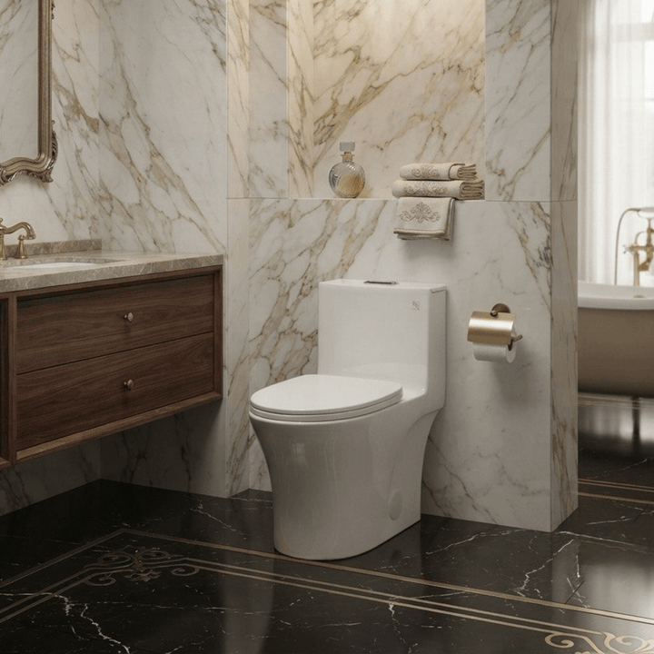 Installation luxueuse d'une toilette monobloc dans une salle de bain raffinée avec des murs en marbre et des accents dorés