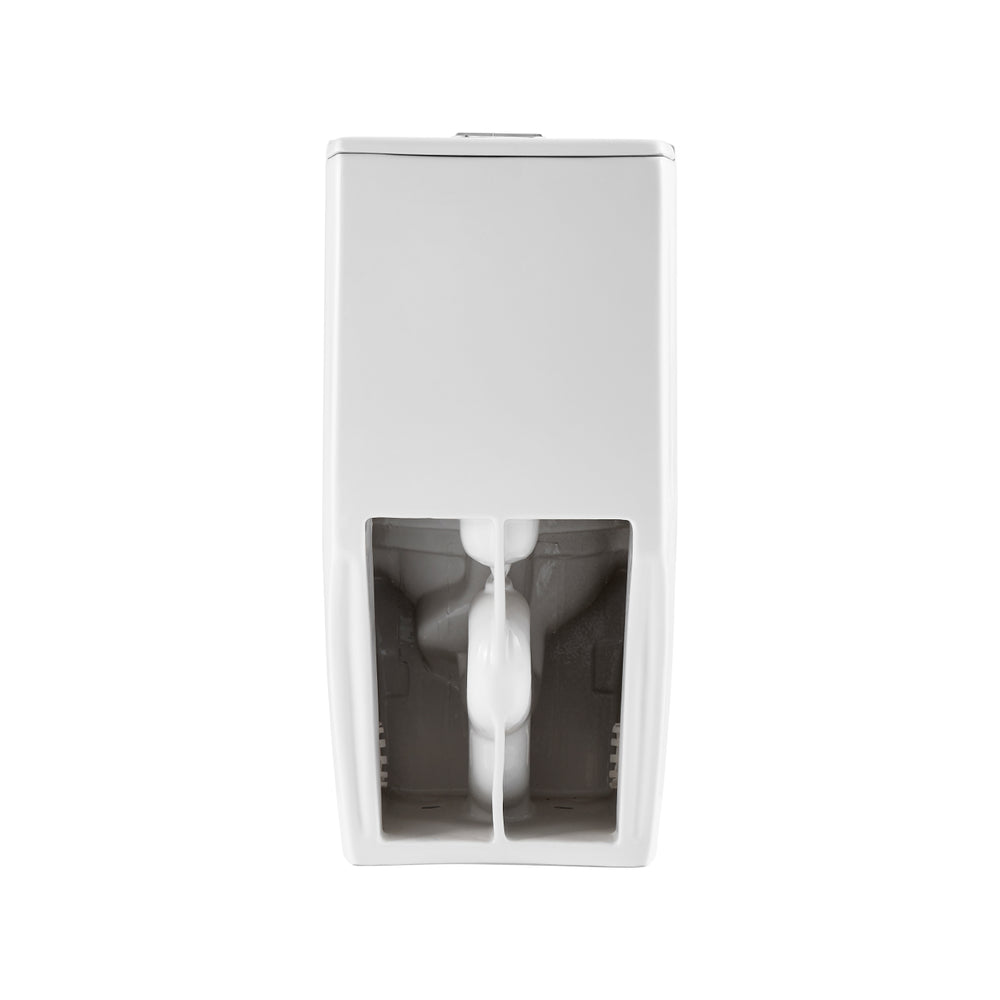 Vue arrière d'une toilette monopièce montrant la conception de la jupe lisse et l'installation murale.