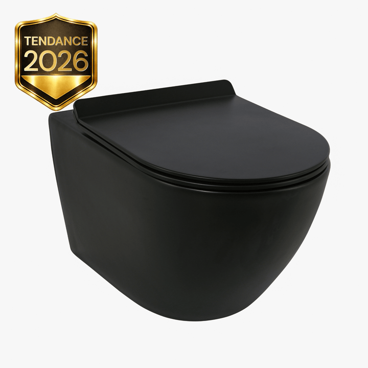 Toilette en special, modèle mural noir mat, présentée avec un badge Tendance 2026