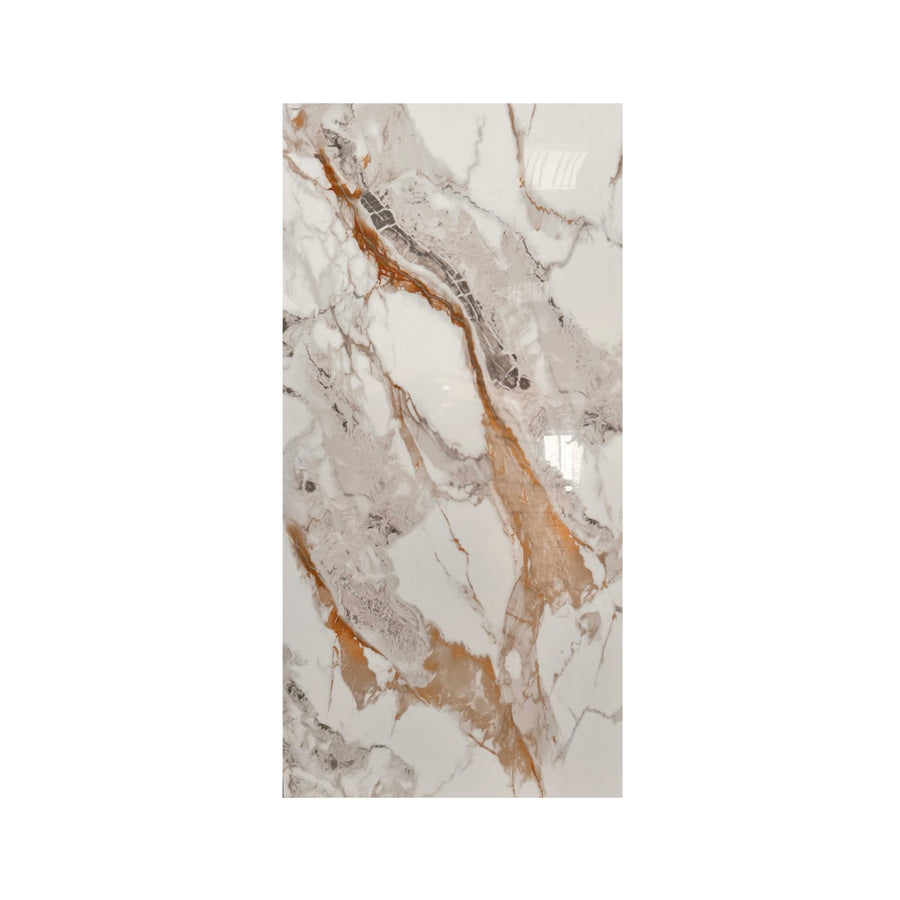 Tuile céramique brillante blanche pour mur de salle de bain, avec des veines grises et brunes imitant la pierre naturelle, idéale pour la céramique de bain.