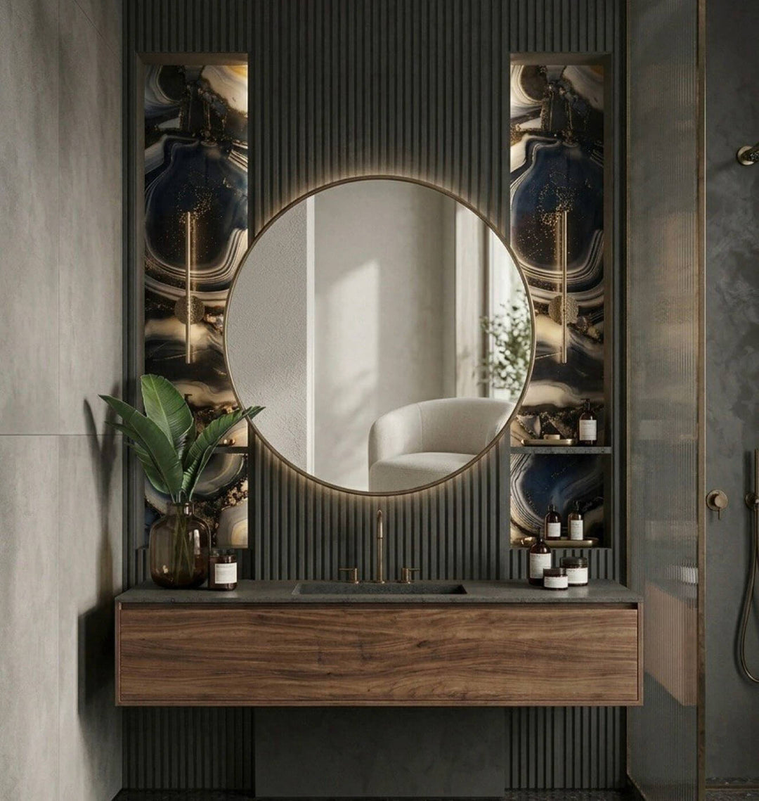 Tuile grand format noir et gris effet pierre agate lustrée 24x48 pour mur et plancher intérieur