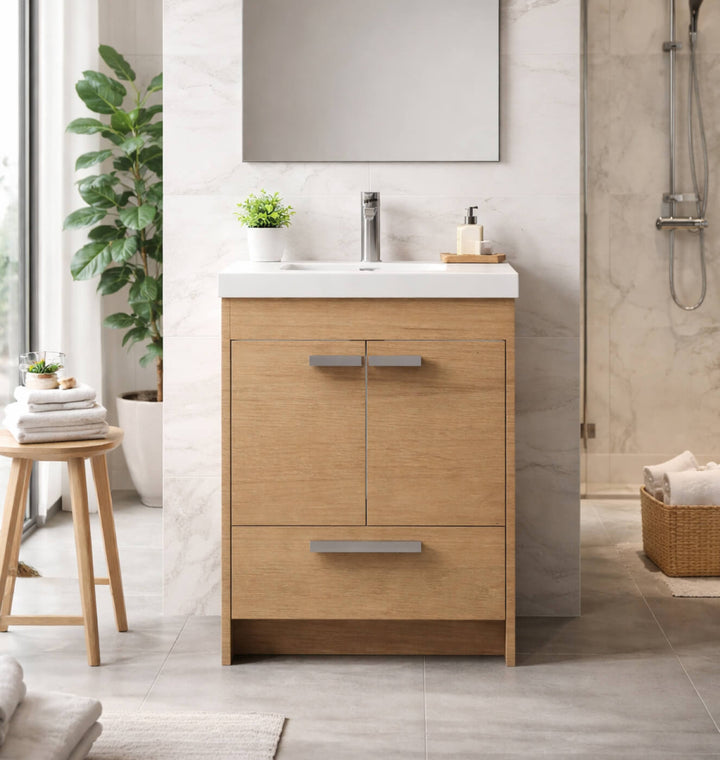Vanité salle de bain 24 pouces LH Lugano Dark Oak dans une salle de bain moderne spacieuse avec douche en verre et design minimaliste Montréal