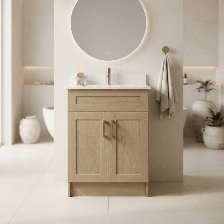 Vanité de salle de bains Boreal en bois clair agencée dans un décor minimaliste lumineux avec baignoire