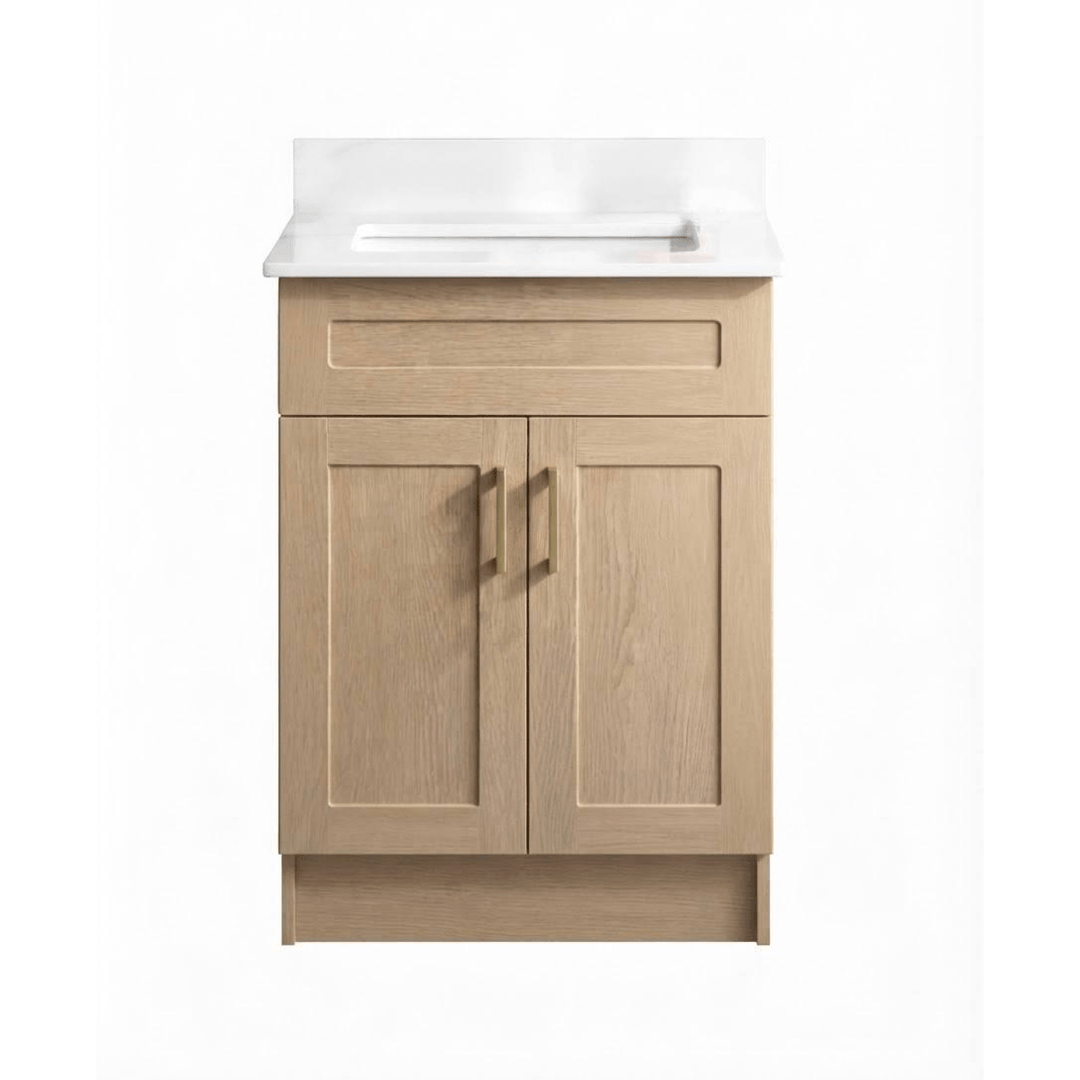 Meuble-lavabo vanité de salle de bains Boreal 24 po en chêne clair style Shaker avec quincaillerie dorée