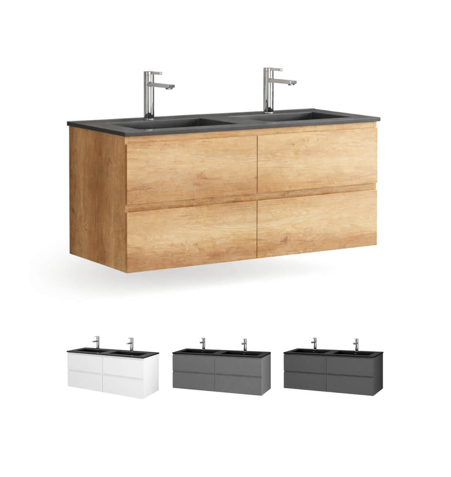 Ensemble de vanité de salle de bain flottante 48", lavabos doubles noirs, disponible en fini bois, blanc mat et gris foncé mat et noir mat