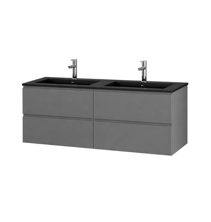 Vanité de salle de bain double de 48 pouces, meuble gris mat avec dessus et lavabos intégrés noir mat