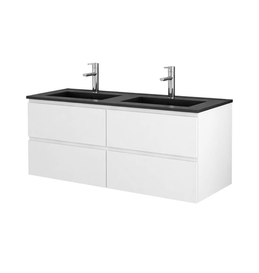 Vanité salle de bain double 48 pouces blanc mat avec lavabo noir intégré vue en angle moderne suspendue