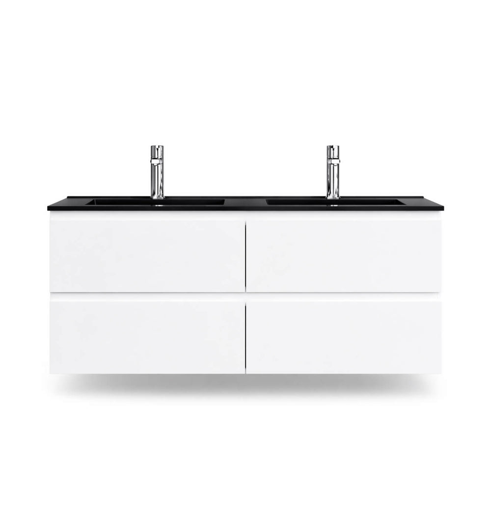 Vanité salle de bain double 48 pouces blanc mat avec lavabo noir intégré et deux robinets chrome vue de face