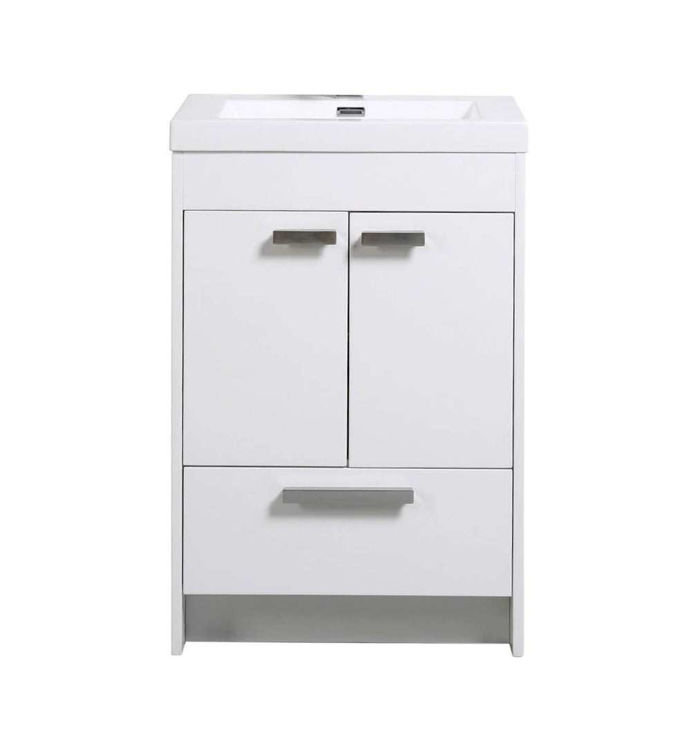 Vanité de salle de bain de 24 pouces sur pied avec fini blanc brillant, comprenant deux portes, un tiroir et un lavabo intégré. Meuble de qualité disponible pour livraison ou ramassage à Montréal et Laval