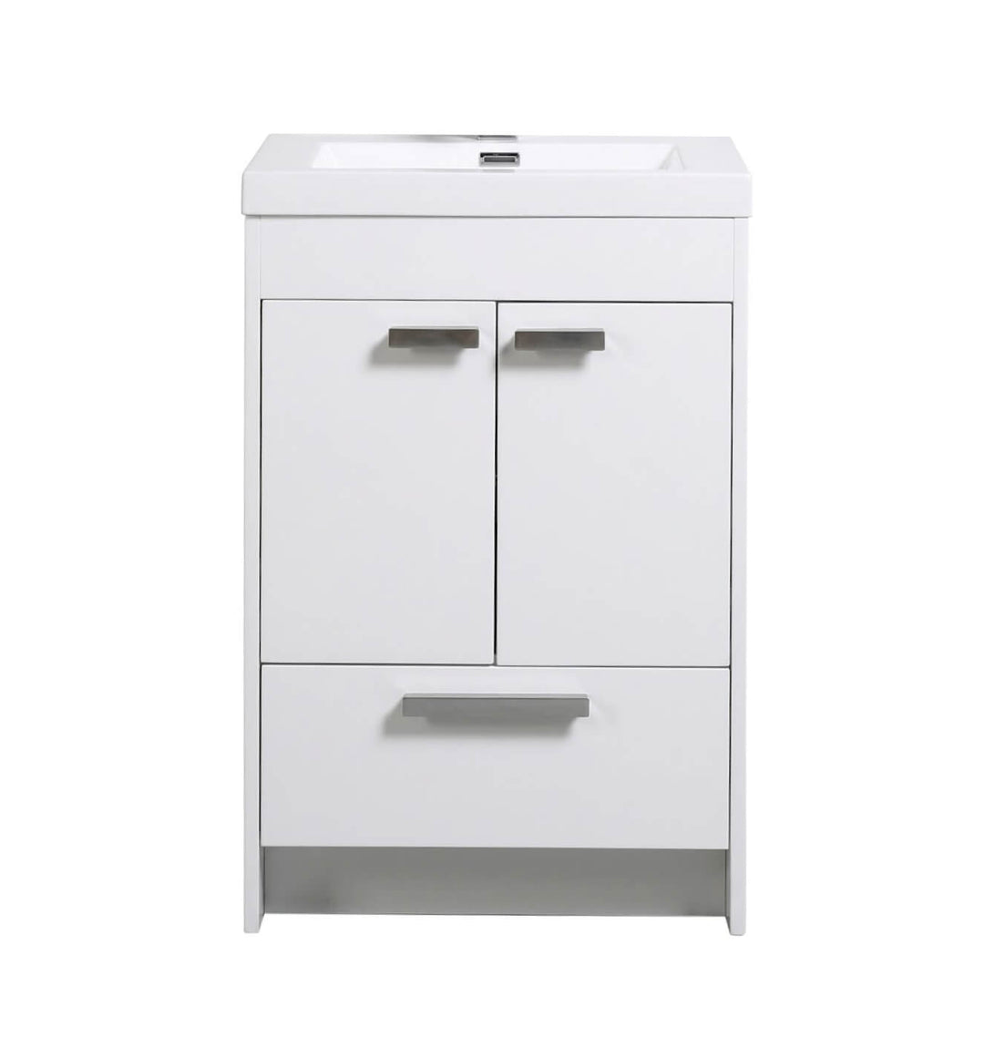 Vanité de salle de bain de 24 pouces sur pied avec fini blanc brillant, comprenant deux portes, un tiroir et un lavabo intégré. Meuble de qualité disponible pour livraison ou ramassage à Montréal et Laval