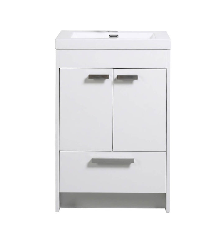 Vanité de salle de bain de 24 pouces sur pied avec fini blanc brillant, comprenant deux portes, un tiroir et un lavabo intégré. Meuble de qualité disponible pour livraison ou ramassage à Montréal et Laval